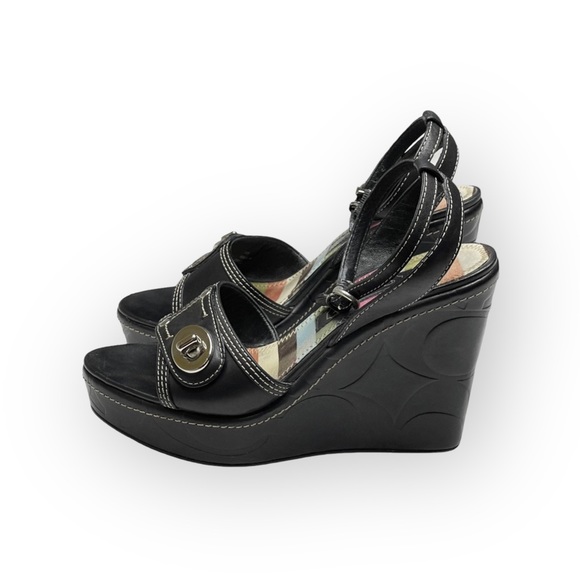 Coach ♕ Kerilyn Logo Embossed Turnlock Platform Wedge Sandals ♕ Black Leather 8M - Picture 6 of 16